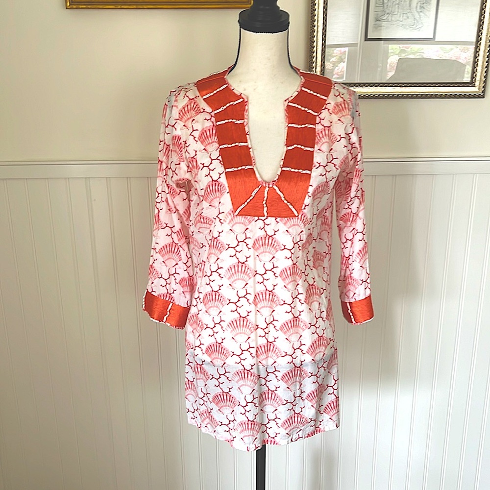 Barbara Gerwit Tunic Coral White Cotton Shell Coral Print Pearl & Braid Trim EUC